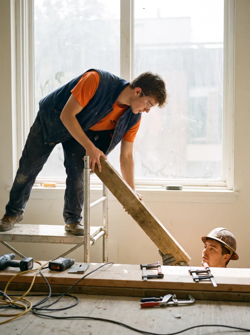 Student op een rolsteiger geeft een houten balk aan tijdens opbouwwerk op een renovatieproject