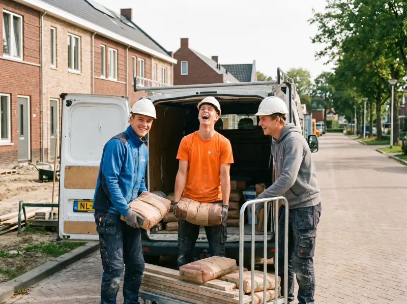 Drie studenten lossen zakken cement en hout uit de bus op een bouwplaats